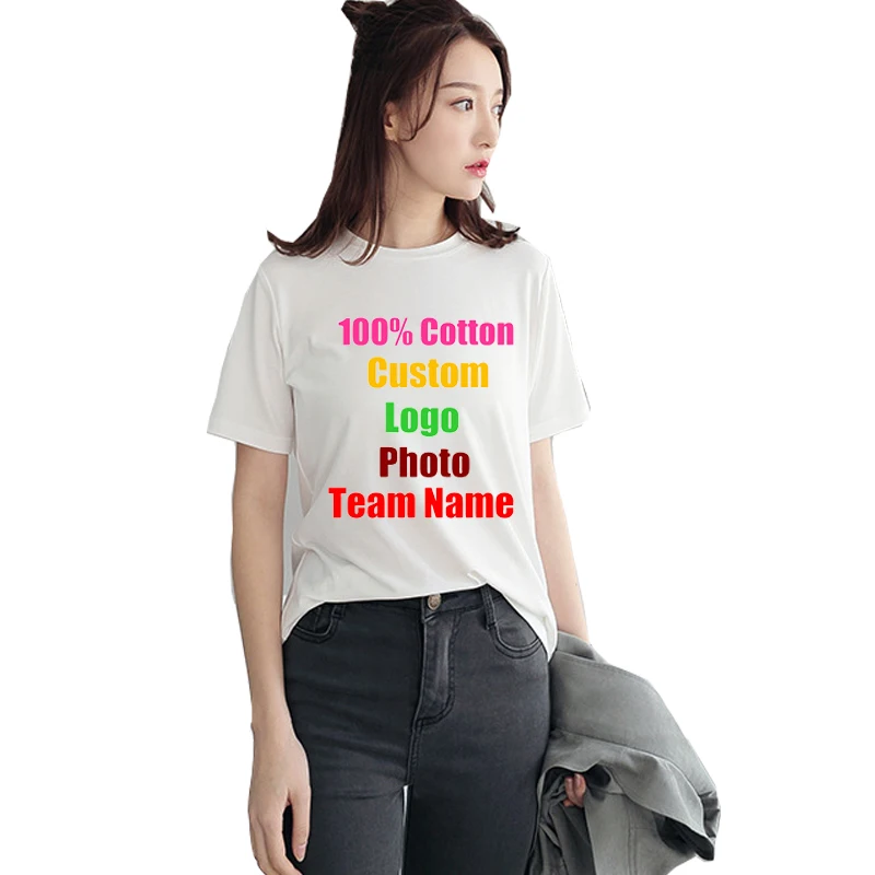 

Korean Cotton Harajuku Solid Women Summer Tshirt Custom Logo photo Text Printed DIY Oversized Female T-shirt Tops Lady T shirts