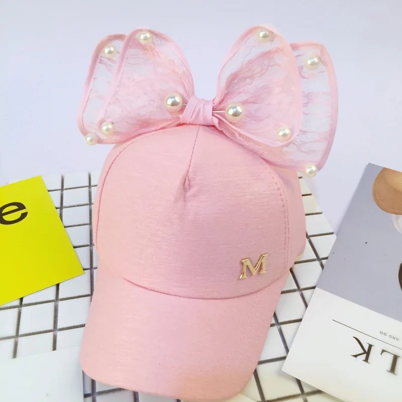 

2019 New Arrival Spring Girls Caps Pearl Lace Bowknot Hat Kids Girls Sweet Cute Princess Style Caps Summer Sun Hot Sale Hat
