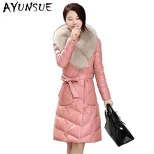 Женская кожаная куртка зима теплый пуховик из хлопка с искусственным лисьим меховым воротником Кожаные куртки длинные большие размеры куртка из искусственной кожи HJ567