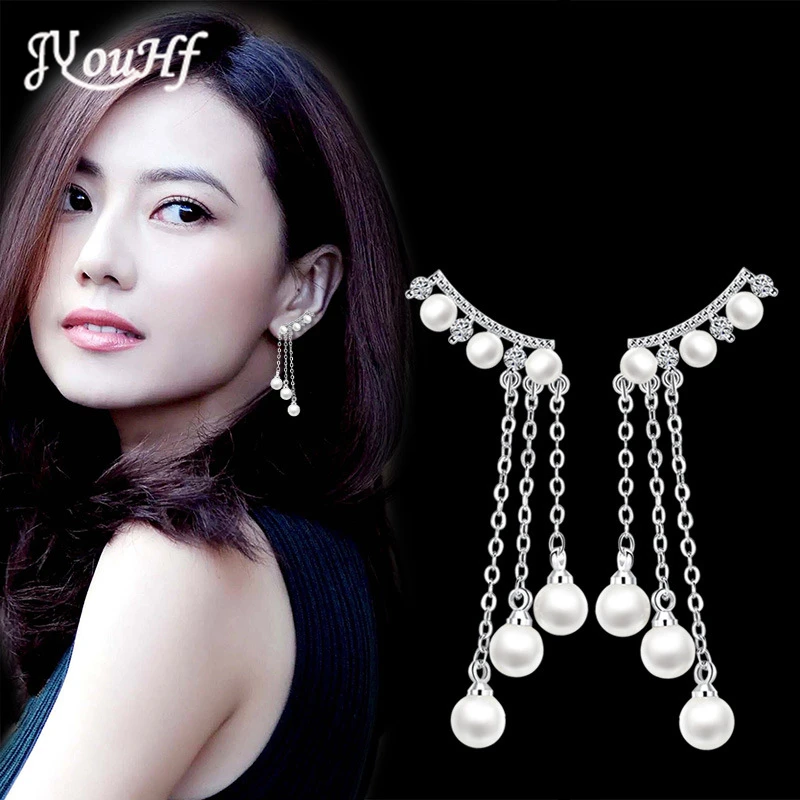 

JYouHF 925 Sterling Silver Pearl Earrings for Women Fashion Jewelry Long Chain with Three Pearls Pendant Earrings Party Gift