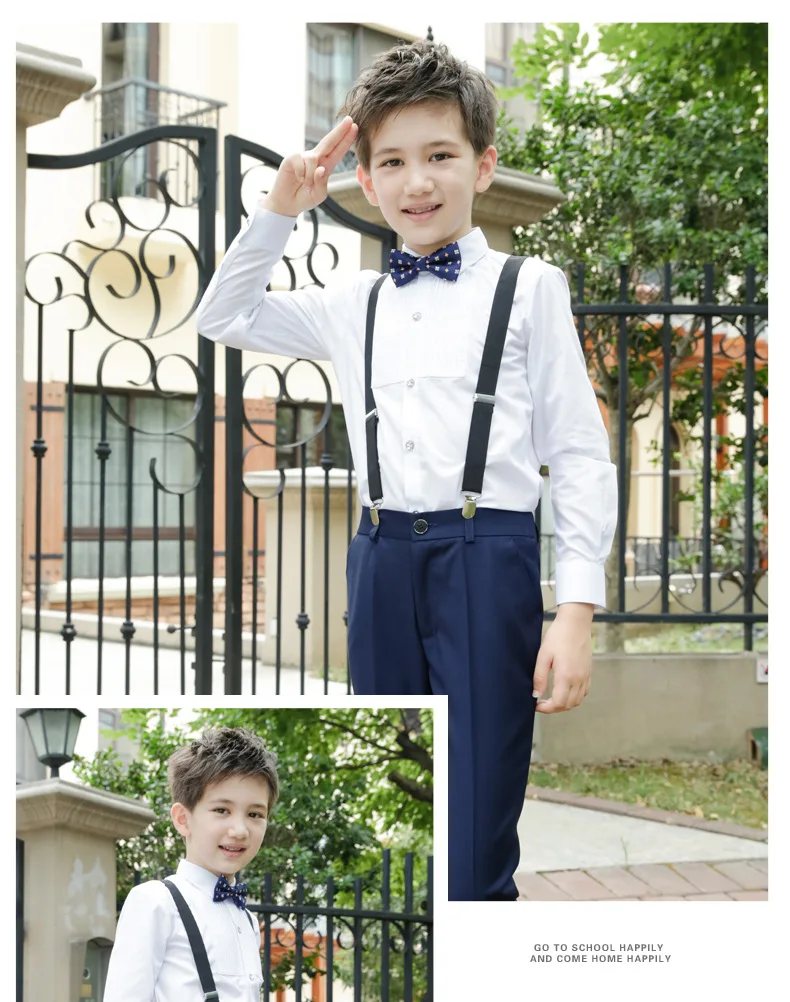 Детская школьная форма в Корейском стиле для мальчиков, детская белая рубашка черные штаны набор ремней для студентов, комплект одежды