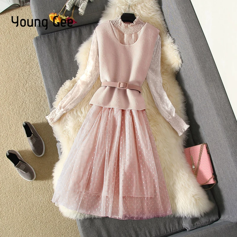 Young Gee Spring Streetwear Dress Beige Women Lantern Sleeve Polka Dots Mesh Female Sweet Lace Dresses+Woolen Vest With Belts Young Gee Spring Streetwear Dress Beige Women Lantern Sleeve Polka Dots Mesh Female Sweet Lace Dresses+Woolen Vest With Belts