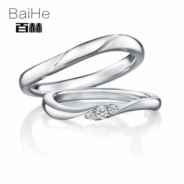 BAIHE Solid 18 К белого золота 0.08ct Certified H/SI круглый 100% из натуральной бриллиантами обручение для женщин классический тонкой Пару Кольцо