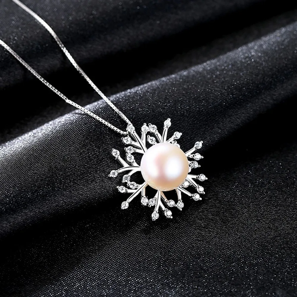 

S925 silver necklace with snowflake shape shining and natural pearl AAA zirconium pendant