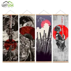 4 шт.. японский самурайский принт прокрутка Живопись стены Искусство Картины подвесная рамка холст живопись с деревянной вешалкой домашний