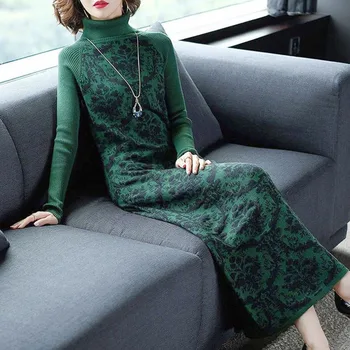 

Fall Winter Vintage Elegant Women Turtleneck Full Sleeve Flower Green Sweater Dress , Female Woman Stretch Knit Long Dresses