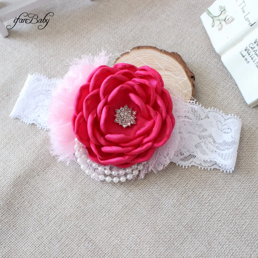 

kids girl elastic lace headwear with pearl rhinestone burn flower headband