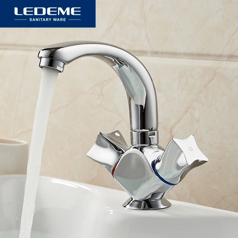 Billige LEDEME Becken Wasserhahn Dual Halter Einzel Loch Sterne design Messing Schiff Hahn Bad Wasserhahn Chrom Moderne Wasserfall Armaturen L1087 2