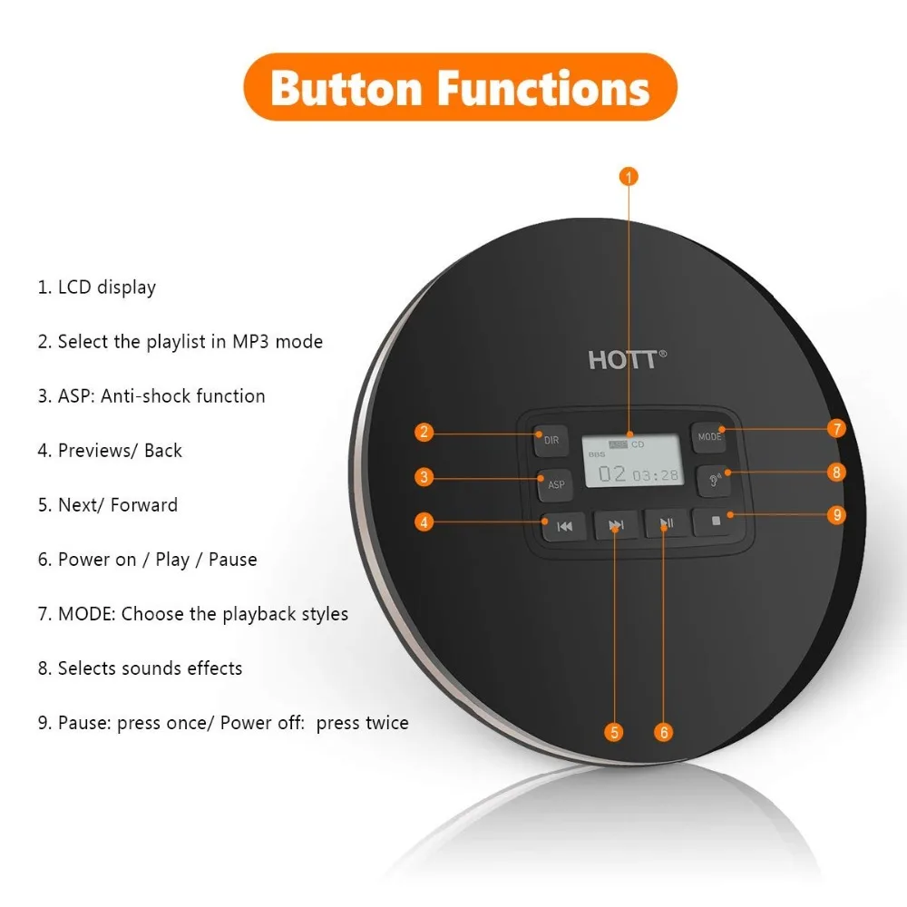 Портативный CD плеер HOTT Walkman cd с ЖК дисплеем и защитой от скольжения