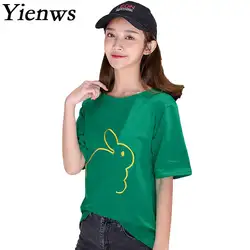 Yienws летние шорты рукав футболки Для женщин 2018 принт с круглым вырезом футболка рубашка Femme мультфильм кролик футболки Mujer M-2XLYIT12