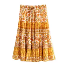 Богемное оранжевый желтый цветок длинная юбка с принтом Для женщин шить плиссированные шнуровкой поток эластичный пояс Юбка-миди