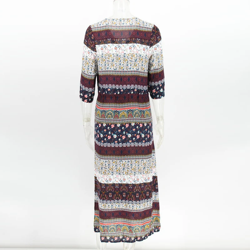 Женские Длинные Макси платья в богемном стиле с v-образным вырезом, рукав три четверти, цветочный принт, этническое летнее пляжное женское стильное платье с разрезом