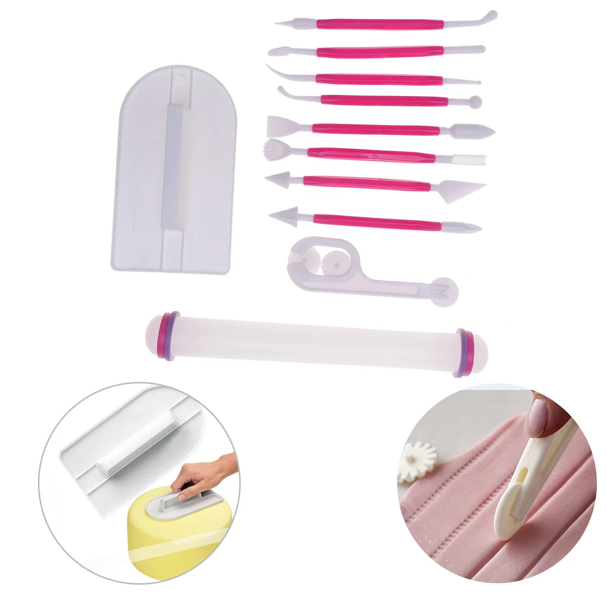

11 In 1 Cake Decoration Tools Set Practical Baking Utensils Fondant Cake Cutter Carving Pens Cake Scraper Rolling Pin (Rosy)