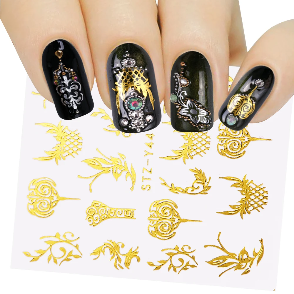 1 лист, цветы, наклейки для ногтей, Золотая фольга, серия, Слайдеры для ногтей, водная наклейка, советы, Цветочные татуировки для ногтей, золотые украшения, LAYY30-44