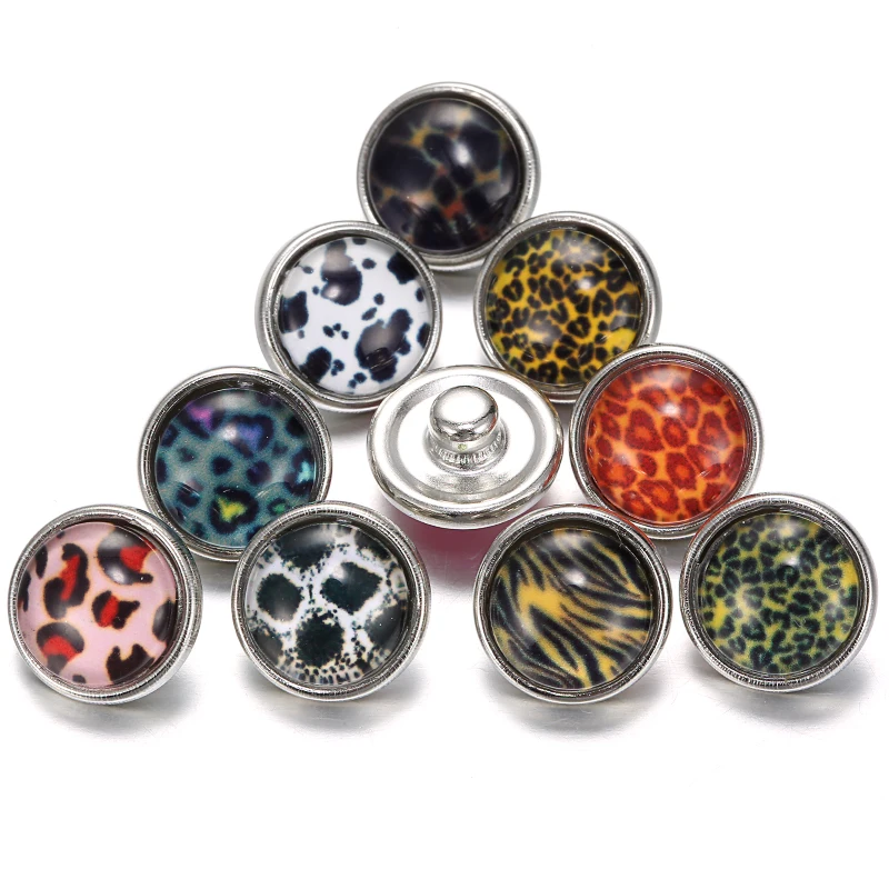 

10pcs/lot Mixed Zebra & Leopard Snap 12MM Round Glass Snap Jewelry Fit mini button Bracelet Bangles