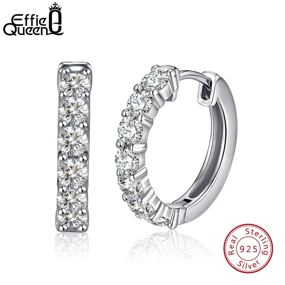 

Effie Queen Real 925 Sterling Silver Women Hoop Earrings Prong Setting AAA Cubic Zircon Small Earring Trendy Jewelry Gift BE82