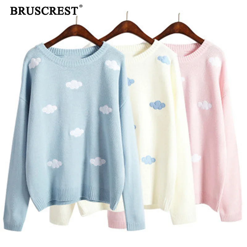 Kaufen 2019 neue Blau Frauen Vintage College Lose Wolken Pullover Weibliche herbst pullover Oansatz Langarm Punk winter kleidung