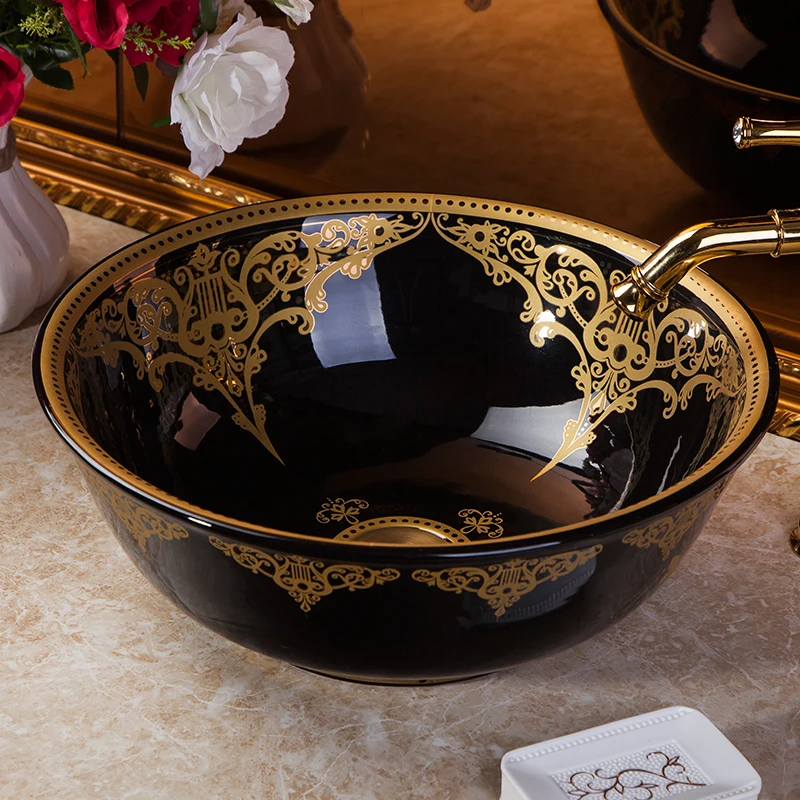 China Artistic Handmade Engraving Ceramic wash basin Lavobo Round Countertop carved wash basin bathroom sinks (10)