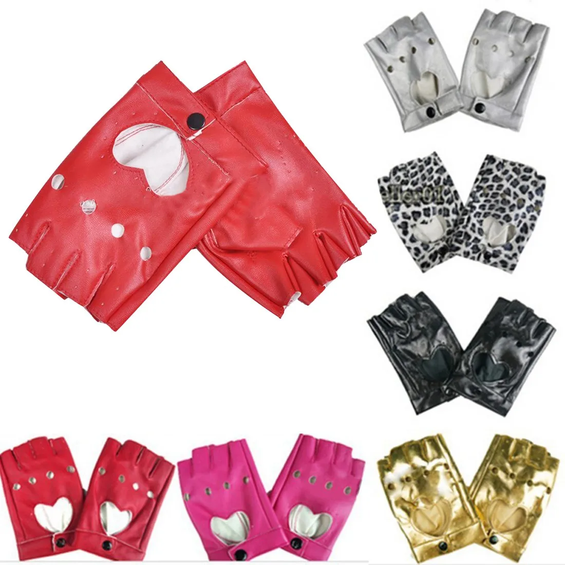 

Women's Semi-finger Hip-hop Style Gloves Lady's Artificial Leather Heart Cutout Sexy Fingerless Gloves Girls Performance Dancing