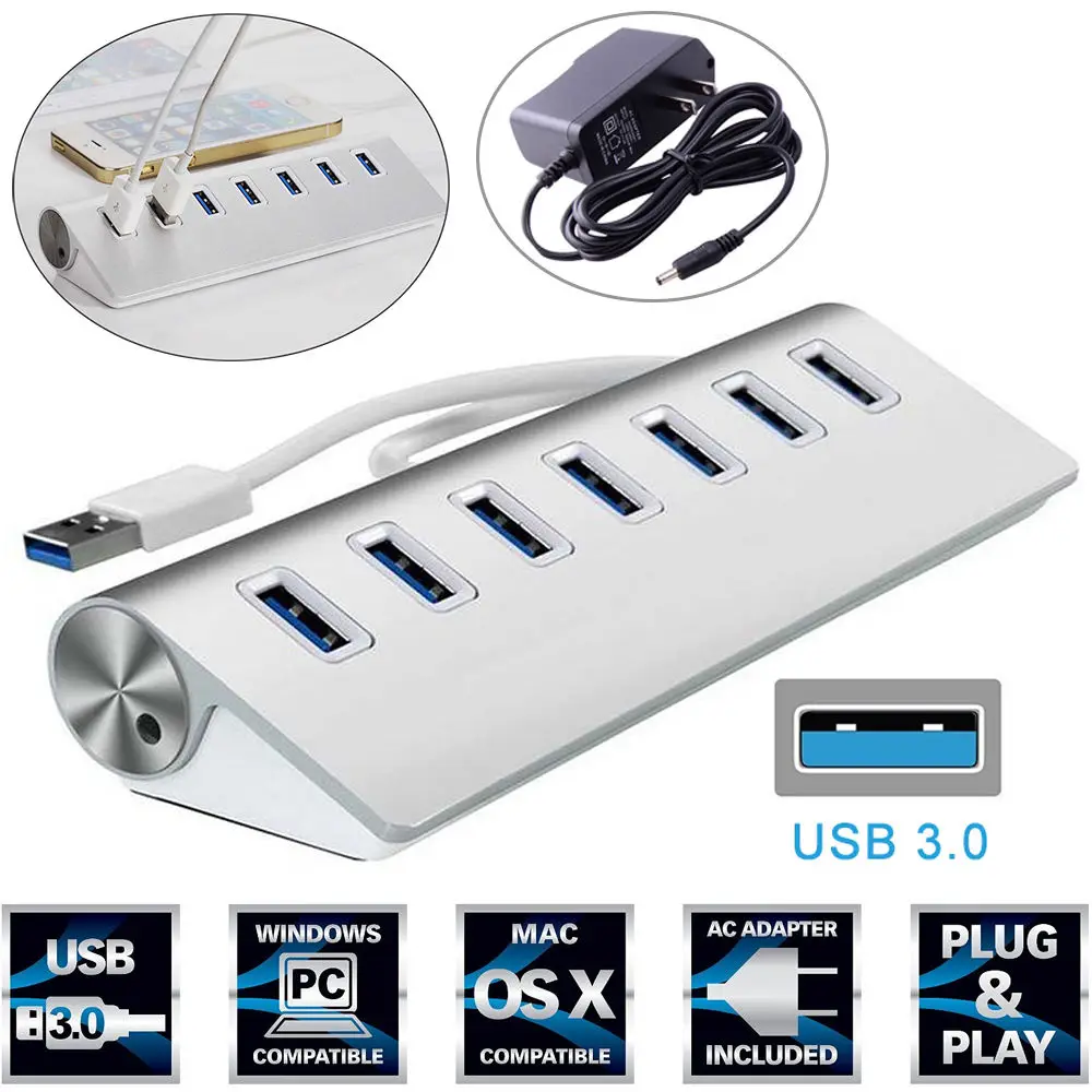 7 Port Aluminum USB 3.0 HUB 5Gbps High Speed +AC Power Adapter For PC Laptop Mac