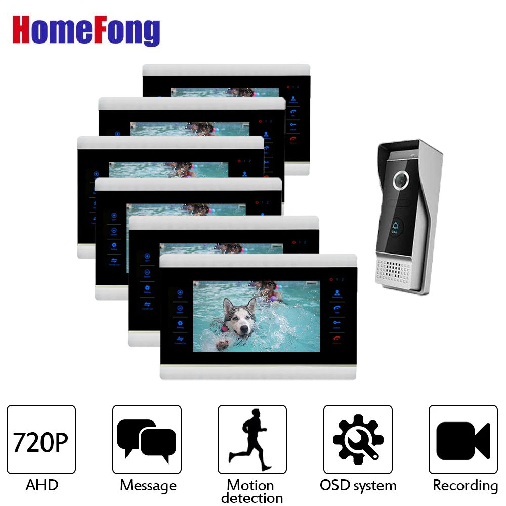 Homefong 720P Video Door Phone Intercom System with Waterproof Doorbell Camera 6 Indoor Monitors 7 Inch Indoro Monitor Record