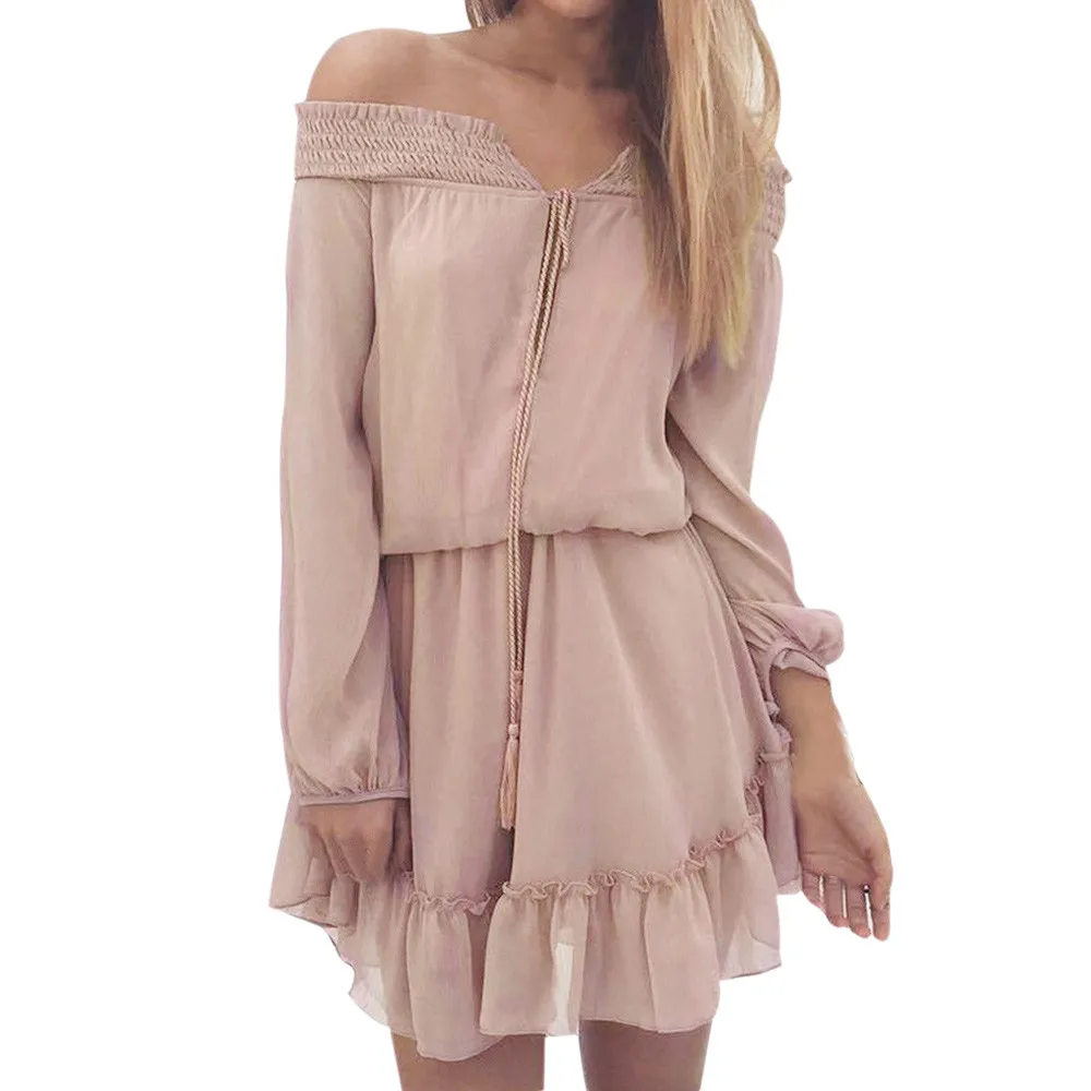 

FREE OSTRICH New Popular Women Dresses Summer 2019 Fashion Women Casual Chiffon Solid Sexiness Of Slash Neck Bohemian Dress
