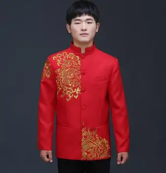 Men's clothing chinese style wedding Top the groom dragon gown evening Red Top slim red tang suit chinese tunic