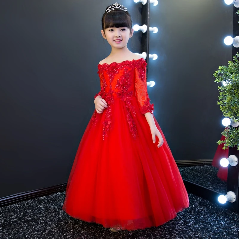 

2017New Luxury Elegant Children Girls Red Color Princess Dress Kids Embroidery Flowers Lace Birthday Wedding Party Long Dress