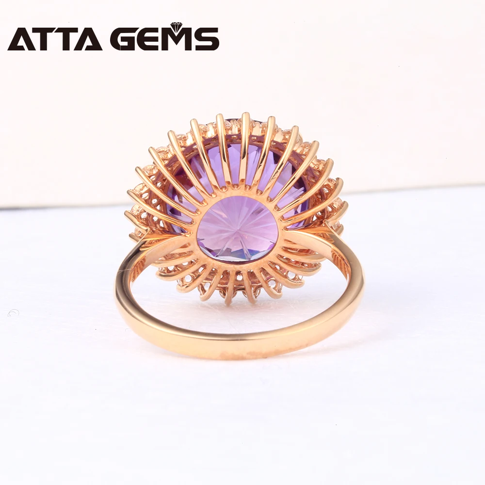 Natural Amethyst Real 18K Rose Gold Women Wedding Ring 13 Carats Amethyst Firework Cutting With Diamond Ring Jewelry Brand