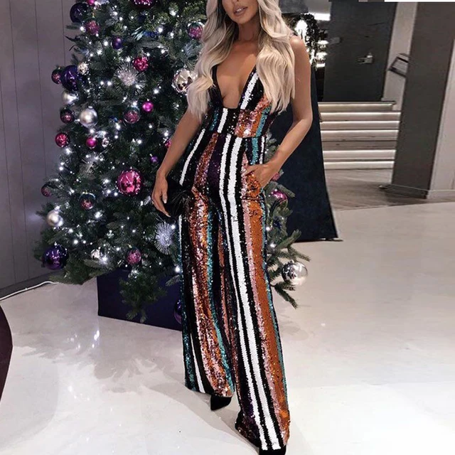 Missord 2019 Sexy Глубокий V с открытыми плечами Multi цвет блесток спинки полосатый Комбинезоны для малышек элегантные вечерние комбинезон FT18932