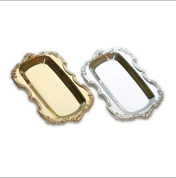 silver and gold plated rectangle cake pan with Beaded around wedding cake stand display rack for wedding decoration FT045