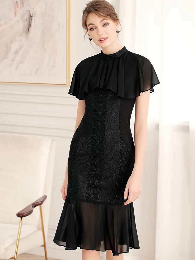 

2019 Summer New Women Fashion Trumpet Solid Lace Ruffled Collar Knee-Length Butterfly Short Sleeve Elegant Comfortable Dress