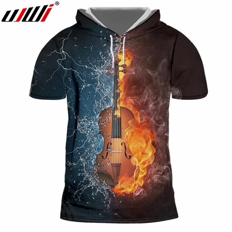 

UJWI Men's New Cool Tee Shirt 3D Printed Creative Flame Violin Stitching Vortex Clothing Man Spandex Hooded Tshirt Dropshipping