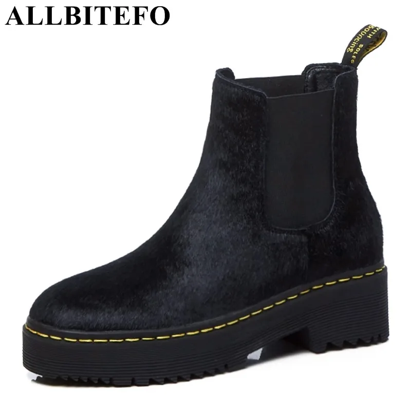 

ALLBITEFO fashion brand genuine leather+Horse hair thick heel women boots high heels ankle boots winter girls motorcycle boots