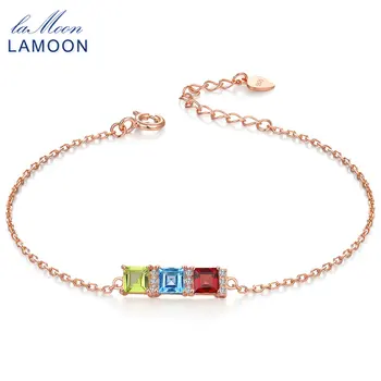 

LAMOON 925 Sterling-silver-jewelry Rose Gold Charm Bracelets for Women Trendy Bangles Natural Peridot & Topaz & Garnet HI020