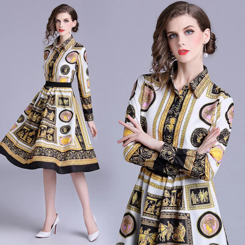 

2019 Spring Summer Fall Runway 2pcs Women Sets Floral Print Collar Long Sleeve Top Shirt Blouse + Luxury Mini Swing Skirt Suits