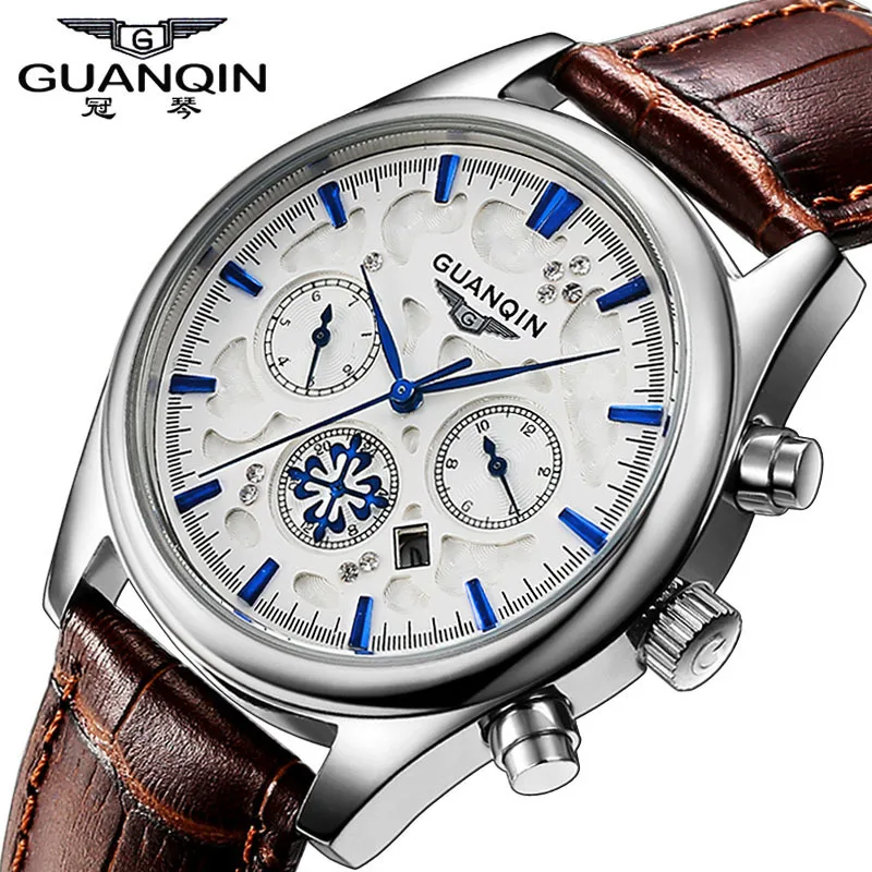 

Mens Watches Top Luxury Brand GUANQIN Fashion Quartz-Watch Genuine Leather Strap Business Sports Waterproof Relogio Masculino