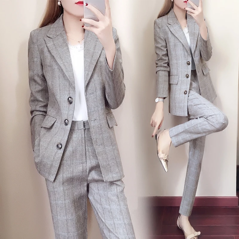 

Two 2 Pieces Sets Single-breasted Solid Blazer Jacket & Zipper Pant OL Suit Women Sleeve Hit Color Business Pant Suits Outfits