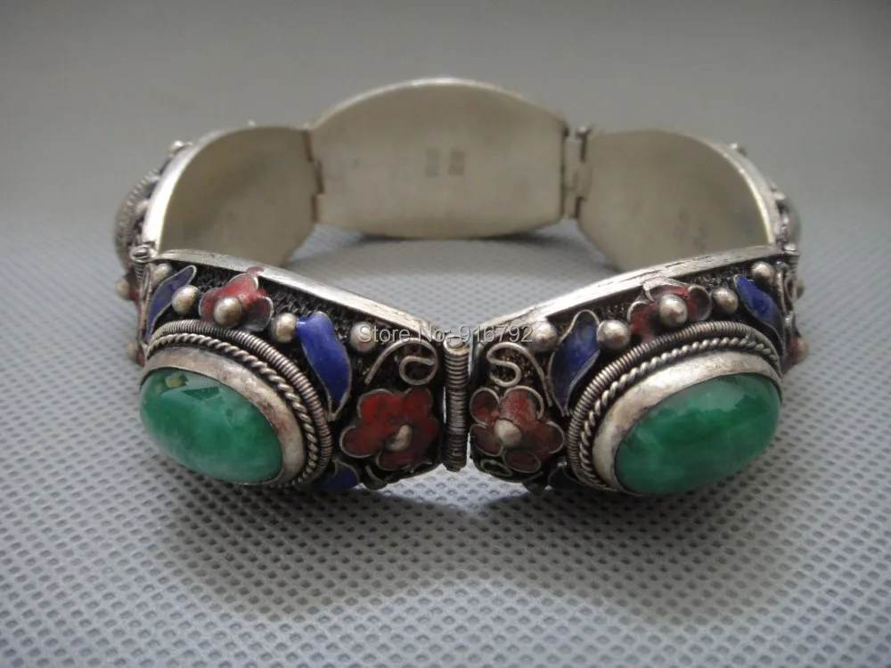 

free P&P HU632 >>Old tibet silver Handwork inlay natural 5 green Jade Cloisonne Flower bracelet