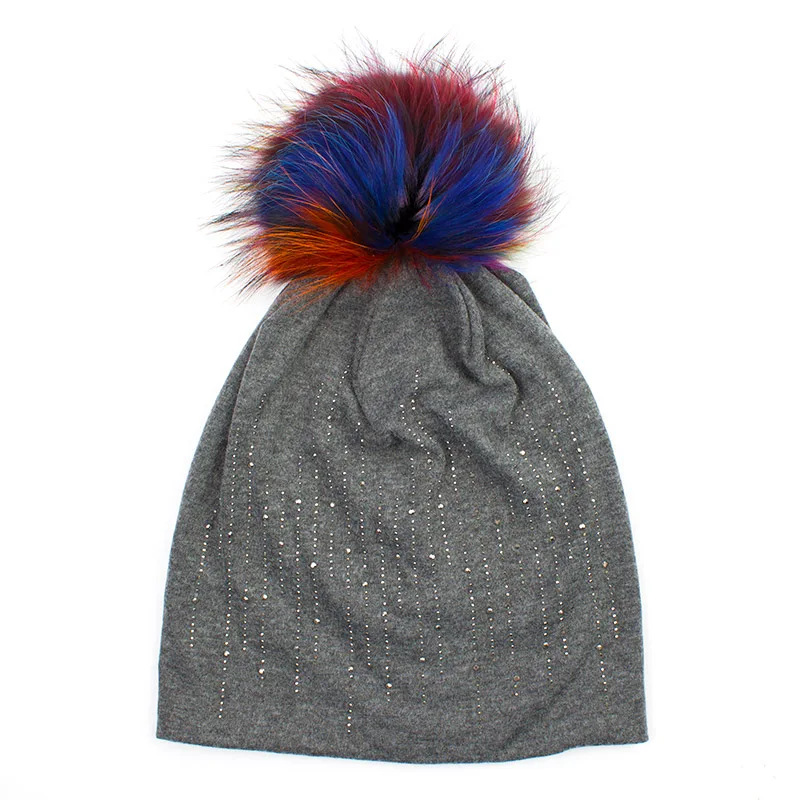 Dark Grey C Geebro осень женские круглые стразы Кепки из хлопка женские шапочки шляпа настоящий натуральный мех енота помпоны зима теплый помпон шляпа - Цвет: Dark Grey C