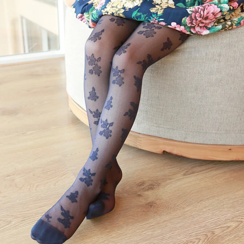 

Korean Version Girls Summer Slim Lace Silk Thin Pantyhose Stockings Rose Jacquard Pantyhose Bottoming Children Tights