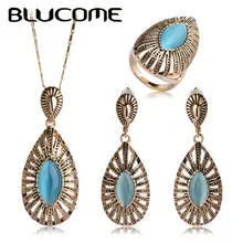 Blucome Blue Opal Jewelry Sets Wedding Bridal Rhinestone Parure Bijoux Femme Vintage Pendant Dangle Earring Ring Necklace Set