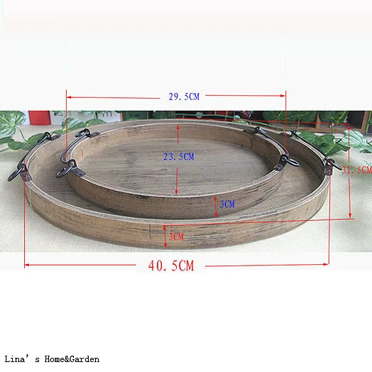 Ручной работы потрепанная состаренная отделка овальный деревянный поднос с прокрученными металлическими ручками
