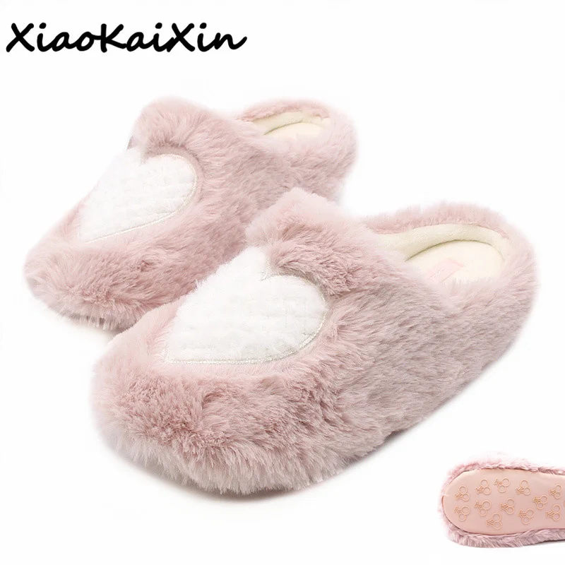 

Female Indoor Plush Slippers Women Winter Warm Faux rabbit fur Fluffy Home Shoes White/Pink Heart-Shaped Pregnant woman slippers