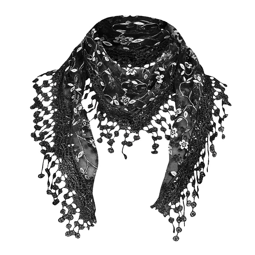 

MUQGEW Tassel Headscarf Hijab Solid National Muslim Women Lace Sheer Floral Scarf Shawl Wrap Tassel Scarf