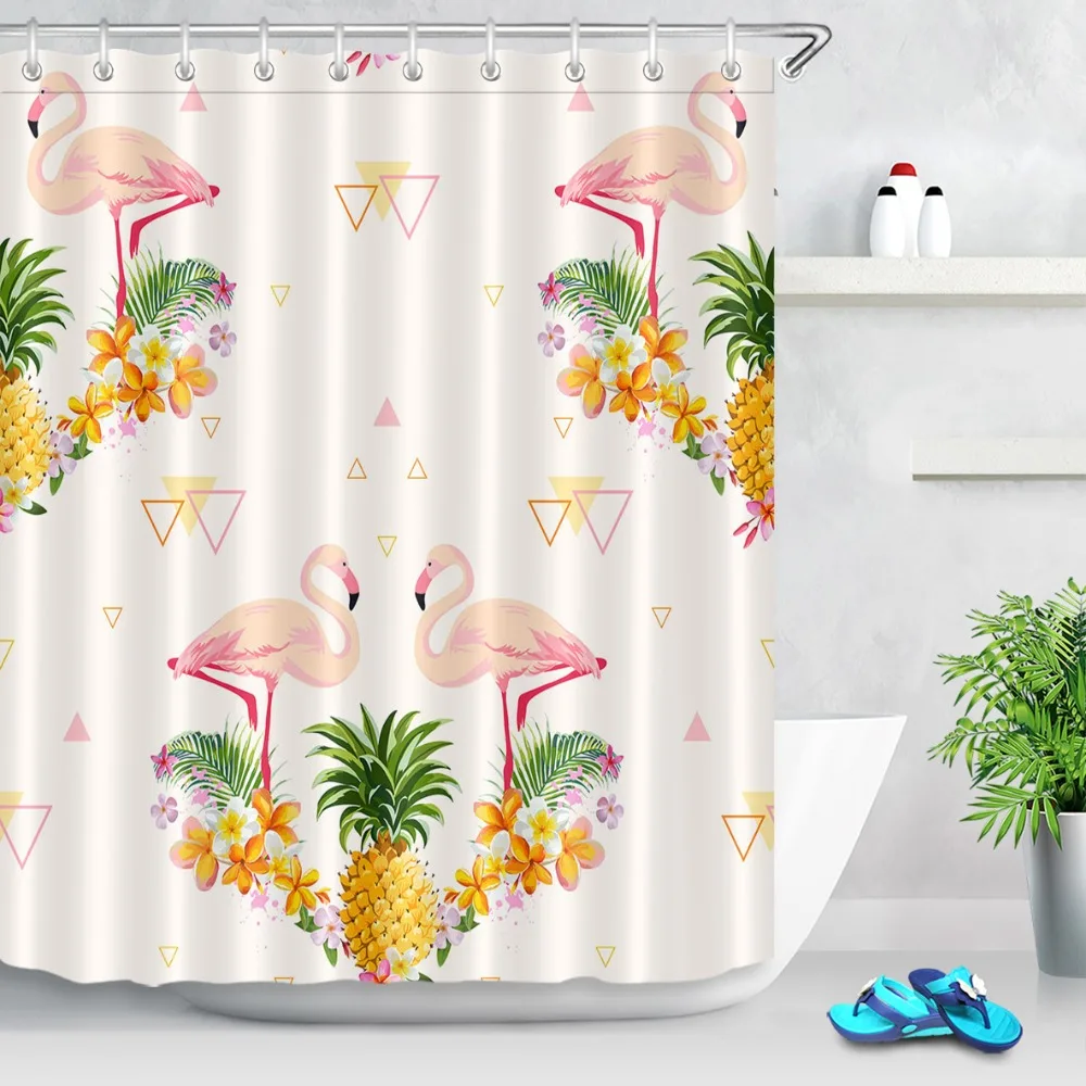 Pineapple Tropical Flamingo Bathroom Waterproof Fabric Shower Curtain Set Liner 