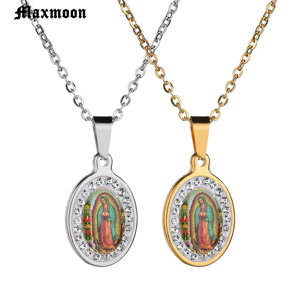 Maxmoon Enamel Blessed Virgin Mary Necklace Gold Color Stainless Steel