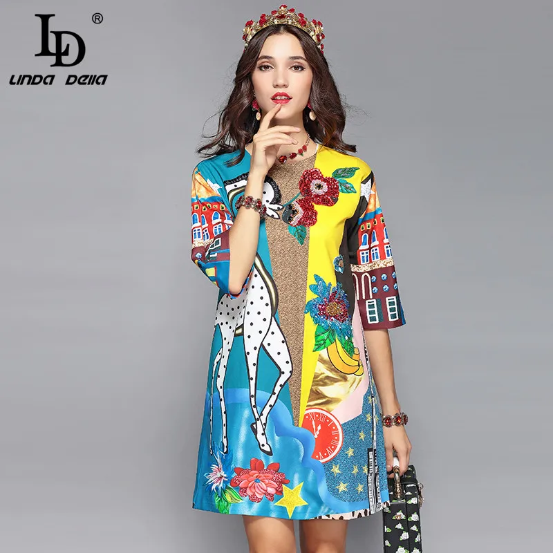 LD LINDA DELLA pista diseñador vestido de verano de las mujeres de media manga de lentejuelas de lujo estampado Animal suelto Casual elegante vestido Vestidos - 1