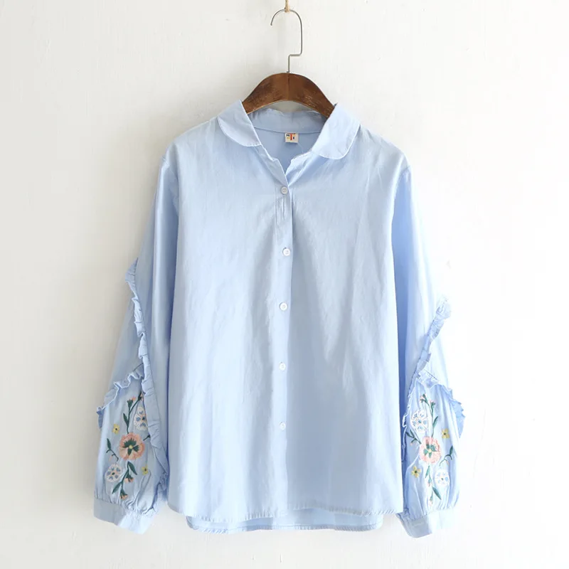 Chaqueta Las blanco Larga Azul Floral Mujeres 2019 Blusas La Blusa Primavera De Punto Blanco Nueva Azul Bordado Mujer Camisa Algodón Manga xvqpR0wB