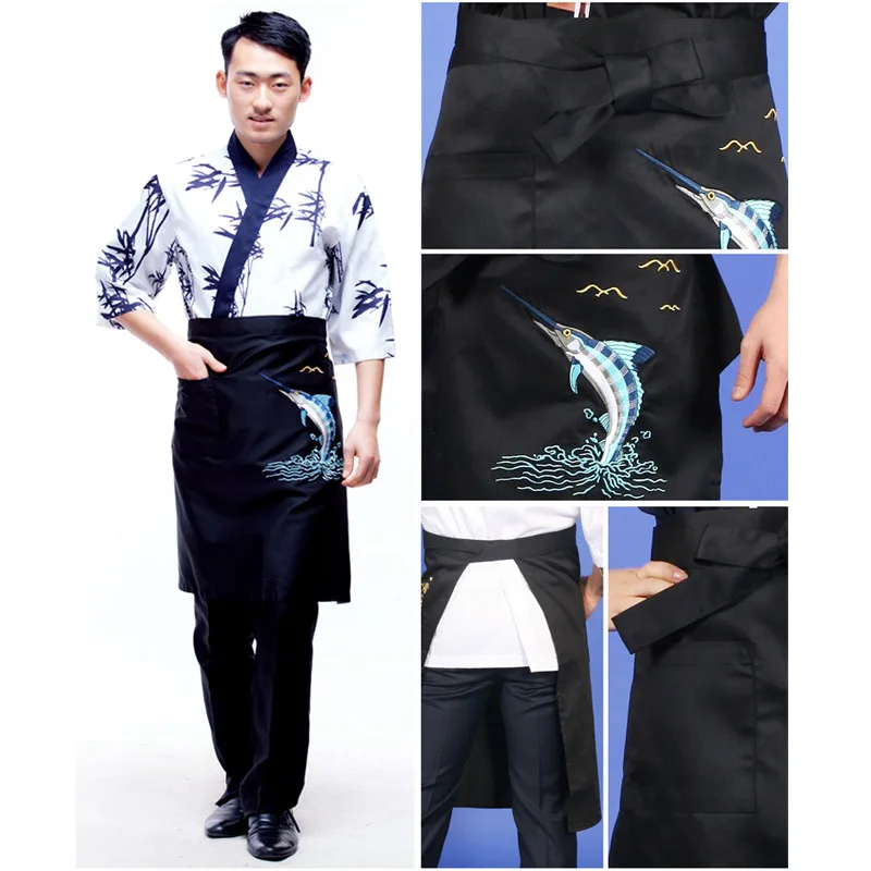 Унисекс в Корейском стиле, для ресторана японской кухни шеф-повар, официант Рабочий Фартук Еда Услуги средней длины вышивка суши халаты